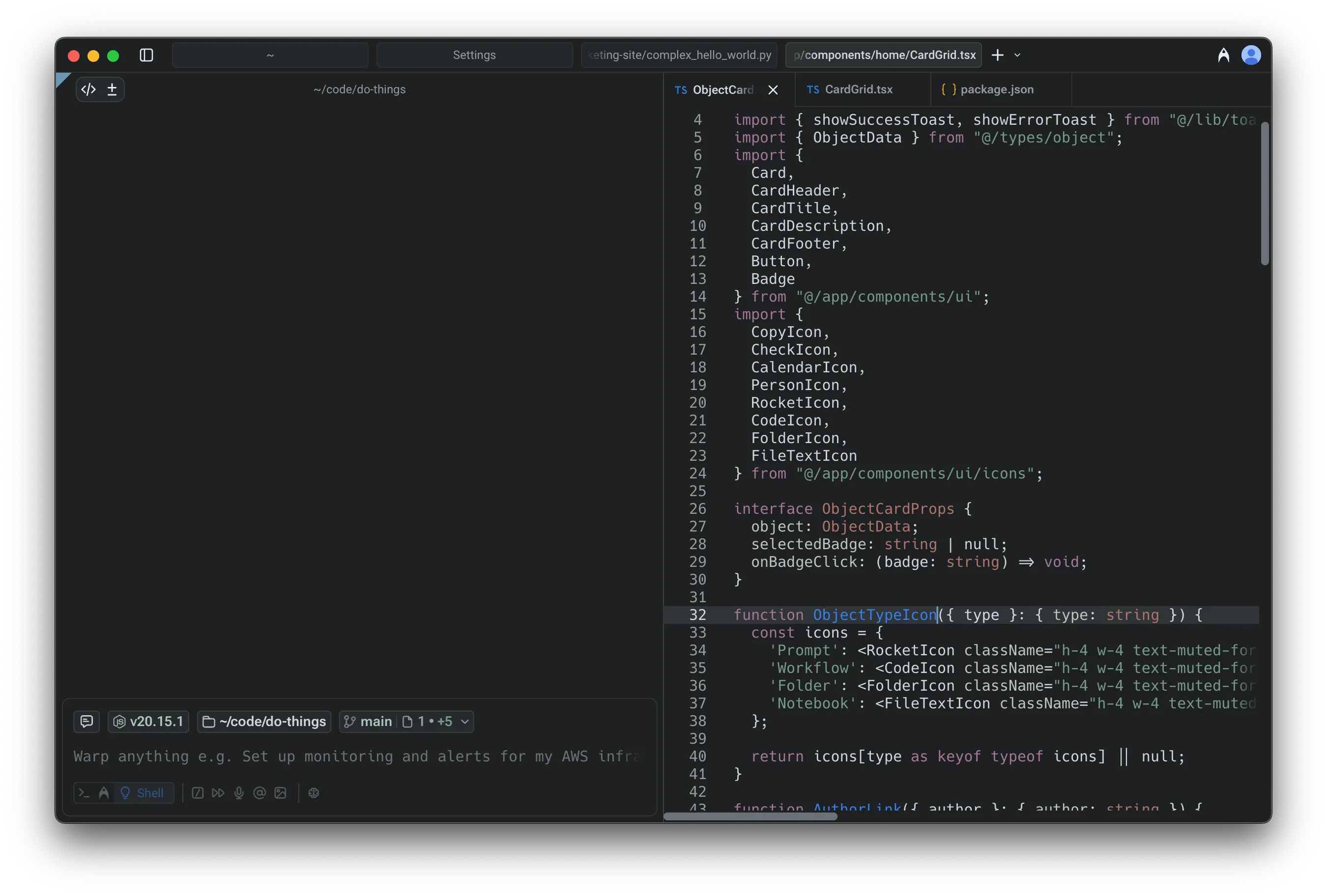 Multiple files grouped into a single tabbed file viewer in Warp's code editor.